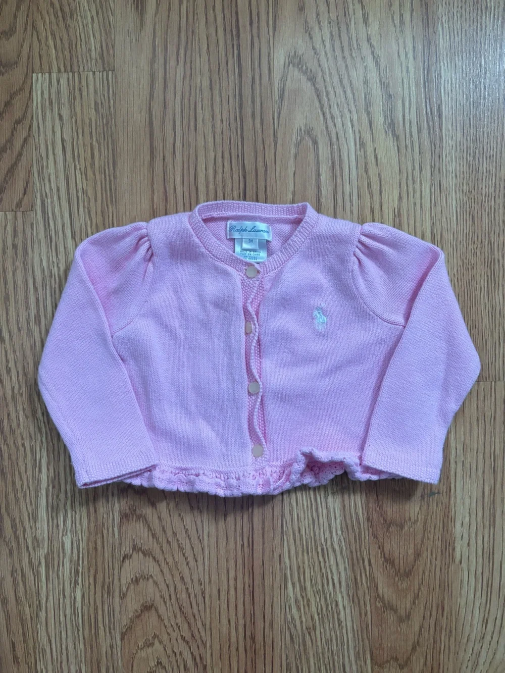 Ralph Lauren Light Pink Knit Cardigan with Ruffle Hem